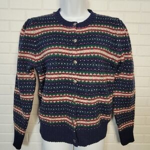 Vintage 1980s Fair Isle Cardigan Hearts Button Front Wool sz 38 Preppy Academia
